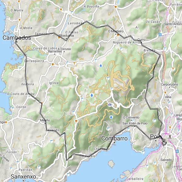 Miniatua del mapa de inspiración ciclista "Ruta de Carretera hacia Pontevedra y Cambados" en Galicia, Spain. Generado por Tarmacs.app planificador de rutas ciclistas