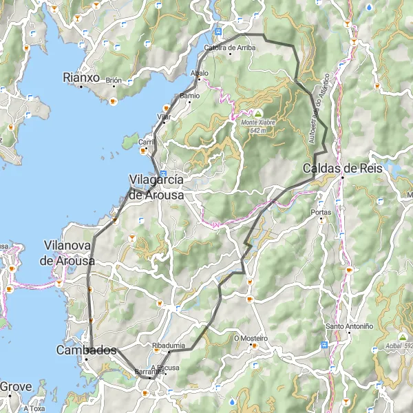 Miniatua del mapa de inspiración ciclista "Ruta de Carretera hacia Vilagarcía de Arousa y Ribadumia" en Galicia, Spain. Generado por Tarmacs.app planificador de rutas ciclistas