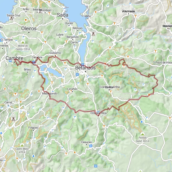 Miniatura della mappa di ispirazione al ciclismo "Gravità e Bellezza: Percorso in Bicicletta da Cambre" nella regione di Galicia, Spain. Generata da Tarmacs.app, pianificatore di rotte ciclistiche