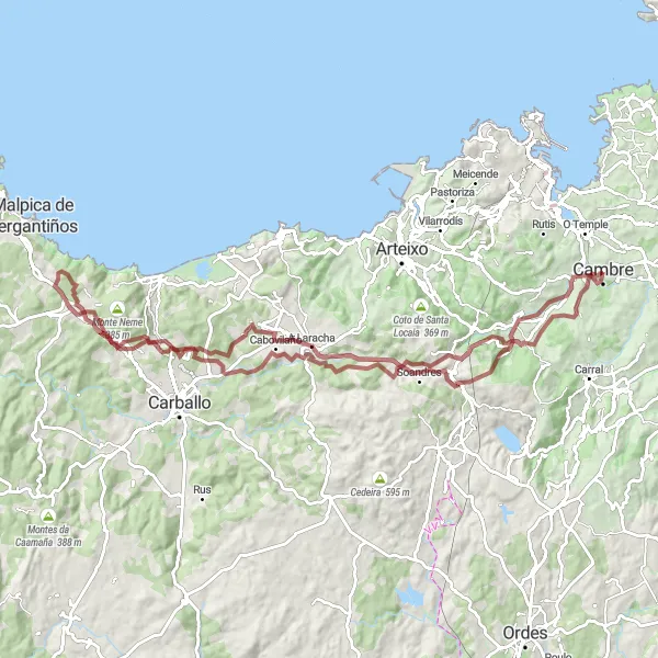 Miniature de la carte de l'inspiration cycliste "Les montagnes de Galice en gravier" dans la Galicia, Spain. Générée par le planificateur d'itinéraire cycliste Tarmacs.app