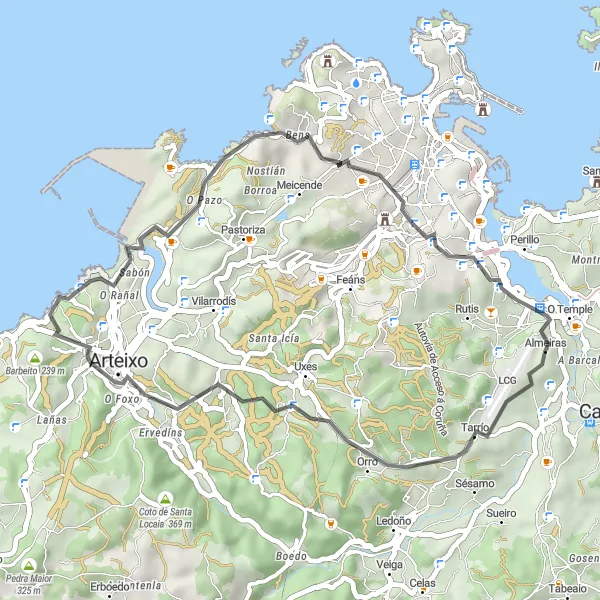 Karten-Miniaturansicht der Radinspiration "Kurze Radtour durch die Natur von Cambre" in Galicia, Spain. Erstellt vom Tarmacs.app-Routenplaner für Radtouren