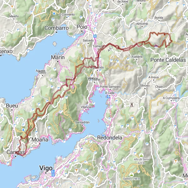 Miniatura della mappa di ispirazione al ciclismo "Avventuroso giro in bicicletta sterrato da Cangas" nella regione di Galicia, Spain. Generata da Tarmacs.app, pianificatore di rotte ciclistiche