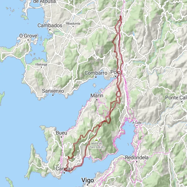 Miniature de la carte de l'inspiration cycliste "Cangas do Morrazo - Monte do Faro" dans la Galicia, Spain. Générée par le planificateur d'itinéraire cycliste Tarmacs.app