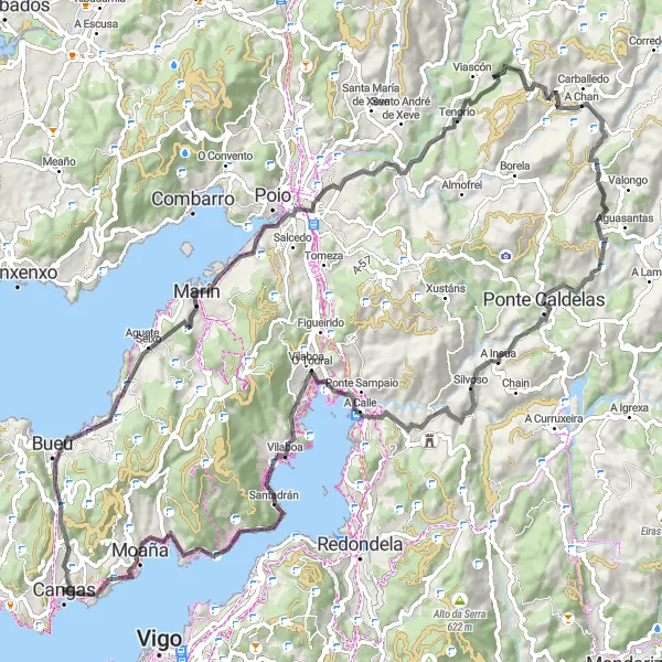 Miniatuurkaart van de fietsinspiratie "Uitdagende fietstocht met prachtige uitzichten rond Cangas-Do-Morrazo" in Galicia, Spain. Gemaakt door de Tarmacs.app fietsrouteplanner