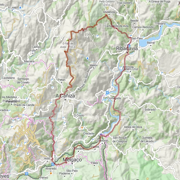 Map miniature of "The Gravel Explorer" cycling inspiration in Galicia, Spain. Generated by Tarmacs.app cycling route planner