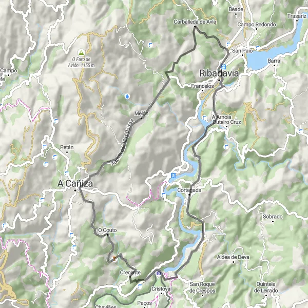 Map miniature of "Ribadavia, Aussicht, Cortegada, Miradoiro do Coto da Pena, Crecente, Melón, and Carballeda de Avia" cycling inspiration in Galicia, Spain. Generated by Tarmacs.app cycling route planner