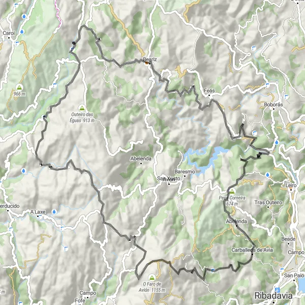 Miniaturekort af cykelinspirationen "Cerdeiroa circuiten" i Galicia, Spain. Genereret af Tarmacs.app cykelruteplanlægger