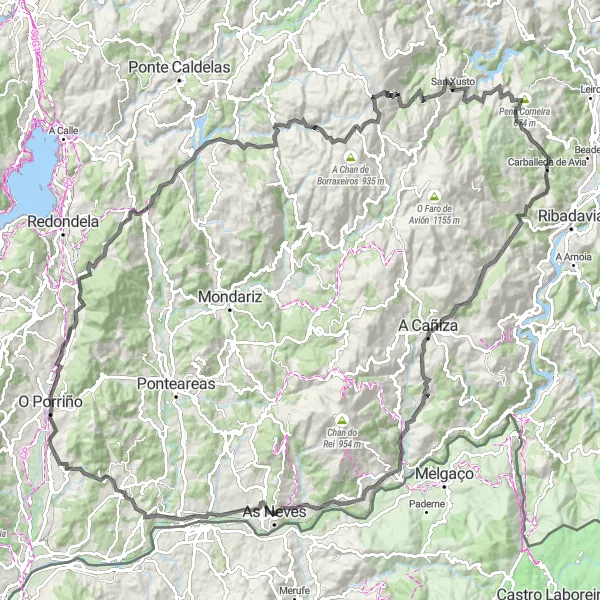 Miniatua del mapa de inspiración ciclista "Gran Reto en Carretera hasta Carballeda de Avia" en Galicia, Spain. Generado por Tarmacs.app planificador de rutas ciclistas