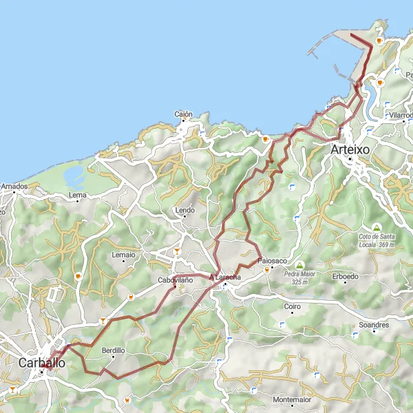 Miniaturní mapa "Jízda na kole kolem Carballo - Gravel" inspirace pro cyklisty v oblasti Galicia, Spain. Vytvořeno pomocí plánovače tras Tarmacs.app