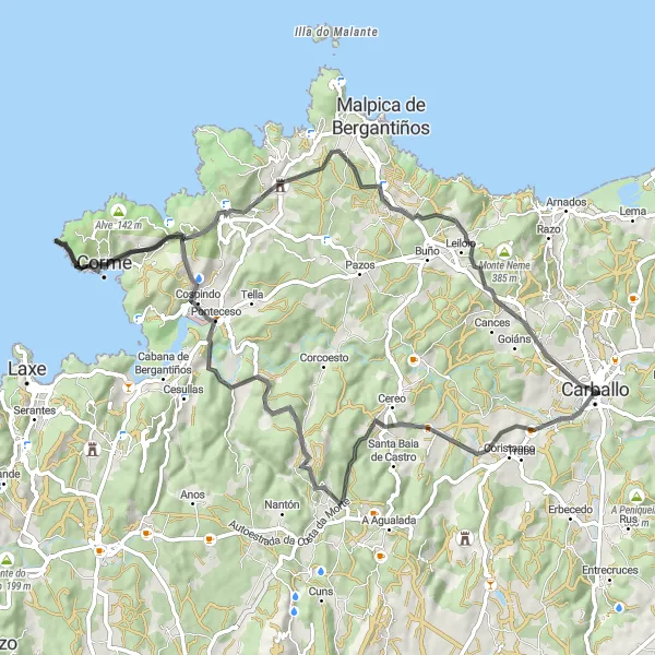 Miniaturekort af cykelinspirationen "Carballo - Monte da Serra Road Loop" i Galicia, Spain. Genereret af Tarmacs.app cykelruteplanlægger