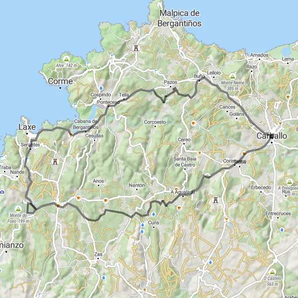 Miniaturní mapa "Road Cycling Adventure to Buño and O Petón" inspirace pro cyklisty v oblasti Galicia, Spain. Vytvořeno pomocí plánovače tras Tarmacs.app