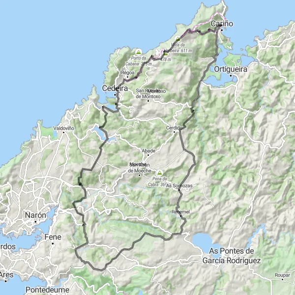 Miniature de la carte de l'inspiration cycliste "L'Escapade Montagneuse" dans la Galicia, Spain. Générée par le planificateur d'itinéraire cycliste Tarmacs.app