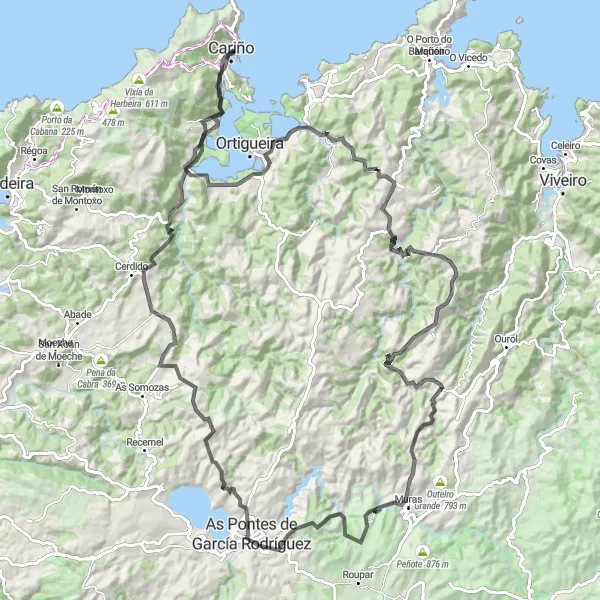 Miniaturní mapa "Okružní trasa kolem Cariño" inspirace pro cyklisty v oblasti Galicia, Spain. Vytvořeno pomocí plánovače tras Tarmacs.app