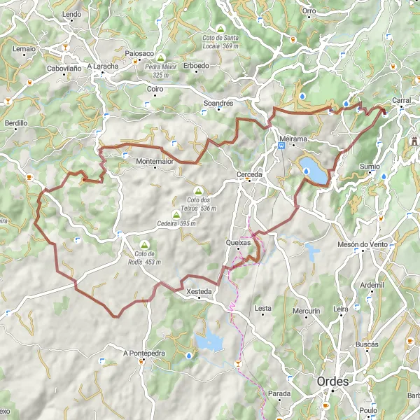 Map miniature of "Challenging Gravel Route from Carral" cycling inspiration in Galicia, Spain. Generated by Tarmacs.app cycling route planner