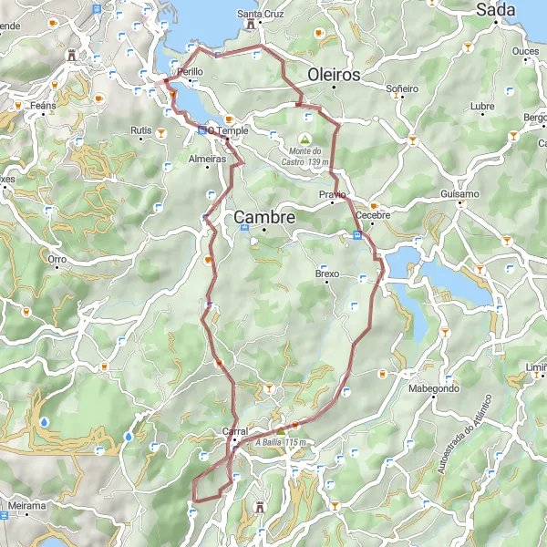 Map miniature of "Exploring Carral Gravel Route" cycling inspiration in Galicia, Spain. Generated by Tarmacs.app cycling route planner