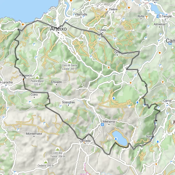 Miniatua del mapa de inspiración ciclista "Ruta panorámica desde Carral a Pico de Monteagudo" en Galicia, Spain. Generado por Tarmacs.app planificador de rutas ciclistas