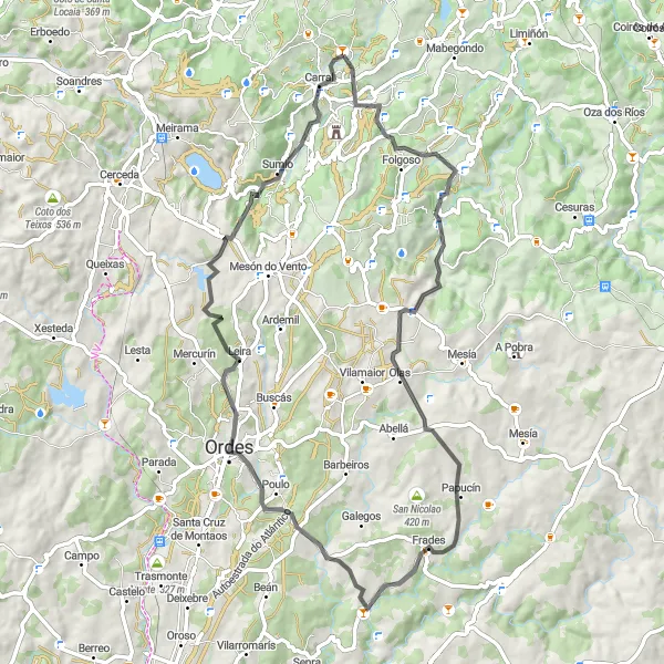 Miniatua del mapa de inspiración ciclista "Ruta desafiante desde Carral a Sergude" en Galicia, Spain. Generado por Tarmacs.app planificador de rutas ciclistas
