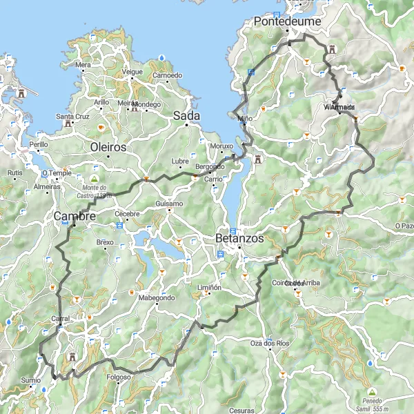 Miniatua del mapa de inspiración ciclista "Ruta desafiante de Carral a O Cepedo" en Galicia, Spain. Generado por Tarmacs.app planificador de rutas ciclistas
