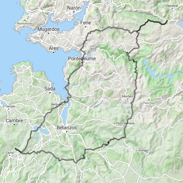 Map miniature of "Carral Road Cycling Challenge" cycling inspiration in Galicia, Spain. Generated by Tarmacs.app cycling route planner