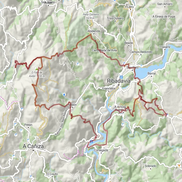 Miniature de la carte de l'inspiration cycliste "Les collines de Galice sur gravier" dans la Galicia, Spain. Générée par le planificateur d'itinéraire cycliste Tarmacs.app