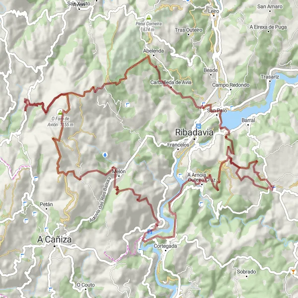 Miniatuurkaart van de fietsinspiratie "Gravelroute van Cartelle naar verschillende dorpen" in Galicia, Spain. Gemaakt door de Tarmacs.app fietsrouteplanner