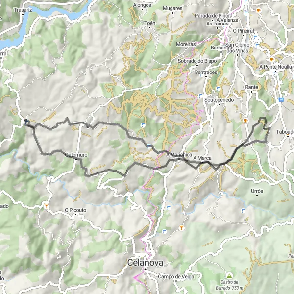 Miniature de la carte de l'inspiration cycliste "Itinéraire Outomuro - Xinzo das Teixugueiras" dans la Galicia, Spain. Générée par le planificateur d'itinéraire cycliste Tarmacs.app