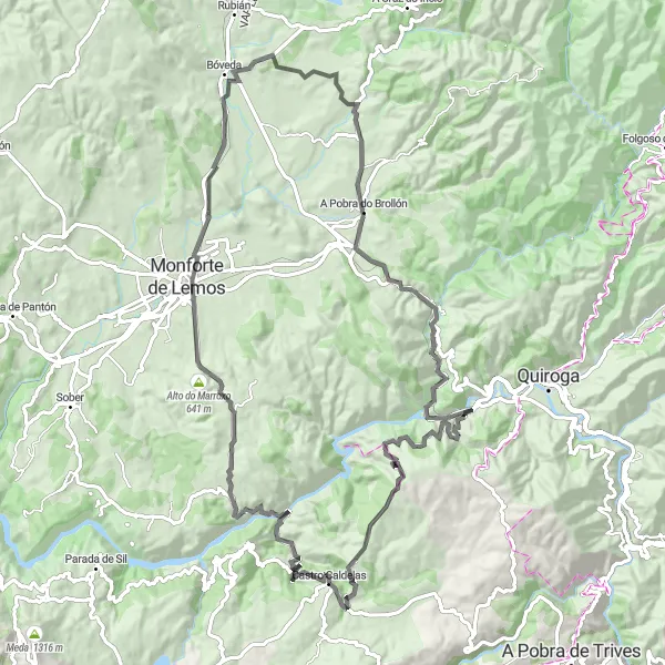 Miniaturní mapa "Cyklostezka okolo Castro Caldelas 1" inspirace pro cyklisty v oblasti Galicia, Spain. Vytvořeno pomocí plánovače tras Tarmacs.app