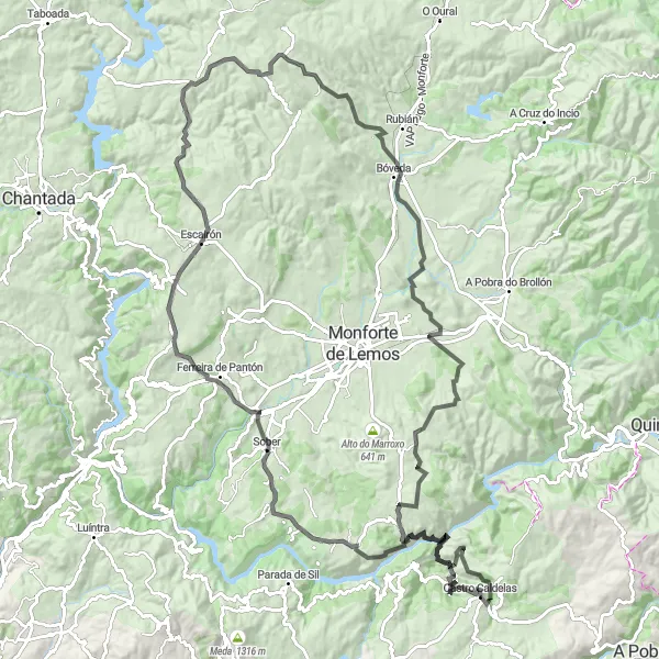 Miniatura della mappa di ispirazione al ciclismo "Giro in bici da Castro Caldelas a Bóveda" nella regione di Galicia, Spain. Generata da Tarmacs.app, pianificatore di rotte ciclistiche