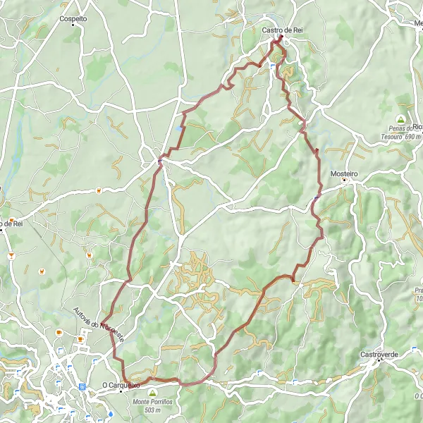 Miniaturní mapa "Gravelový okruh okolo Castro de Rei" inspirace pro cyklisty v oblasti Galicia, Spain. Vytvořeno pomocí plánovače tras Tarmacs.app