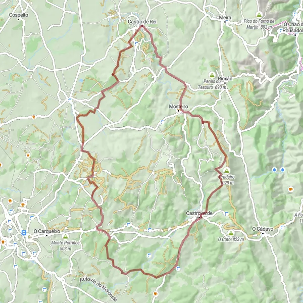 Miniatuurkaart van de fietsinspiratie "Avontuurlijke gravelrit van 78 km vanaf Castro de Rei" in Galicia, Spain. Gemaakt door de Tarmacs.app fietsrouteplanner