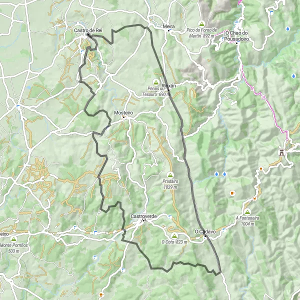 Miniatua del mapa de inspiración ciclista "Ruta a través de O Cádavo y Pico de San Miguel" en Galicia, Spain. Generado por Tarmacs.app planificador de rutas ciclistas
