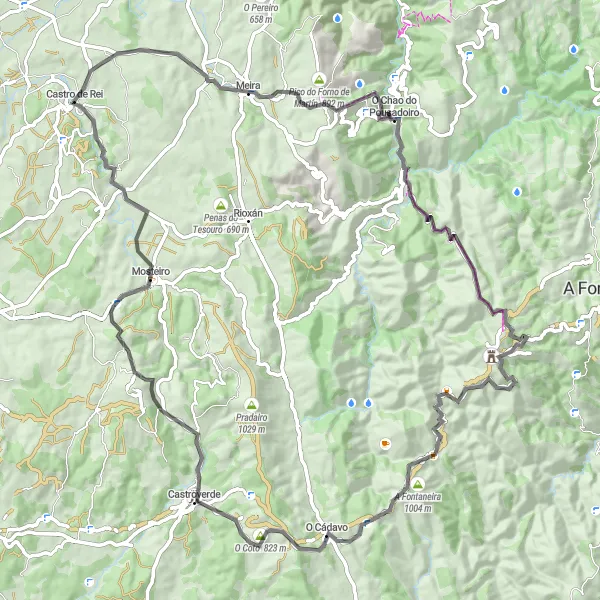 Miniatua del mapa de inspiración ciclista "Ruta escénica por los alrededores de Castro de Rei" en Galicia, Spain. Generado por Tarmacs.app planificador de rutas ciclistas