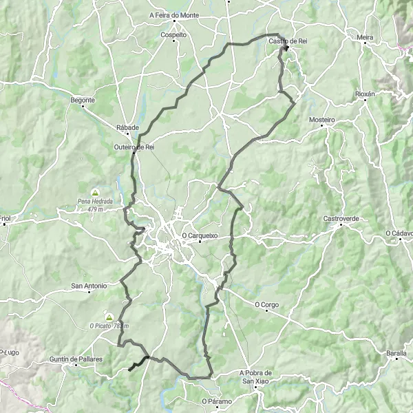 Miniaturekort af cykelinspirationen "Lange bjergrige cykeloplevelser omkring Castro de Rei" i Galicia, Spain. Genereret af Tarmacs.app cykelruteplanlægger