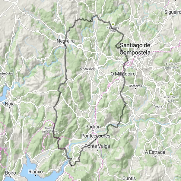 Miniatura della mappa di ispirazione al ciclismo "Avventura su strada attraverso Torres de Oeste" nella regione di Galicia, Spain. Generata da Tarmacs.app, pianificatore di rotte ciclistiche