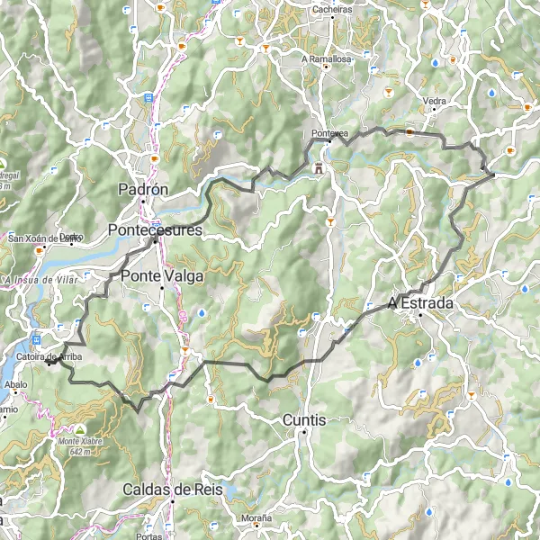 Miniatura della mappa di ispirazione al ciclismo "Esplorazione stradale da Catoira" nella regione di Galicia, Spain. Generata da Tarmacs.app, pianificatore di rotte ciclistiche