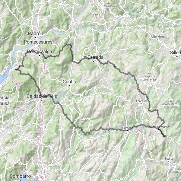 Miniatura della mappa di ispirazione al ciclismo "Giro in bicicletta da Catoira" nella regione di Galicia, Spain. Generata da Tarmacs.app, pianificatore di rotte ciclistiche