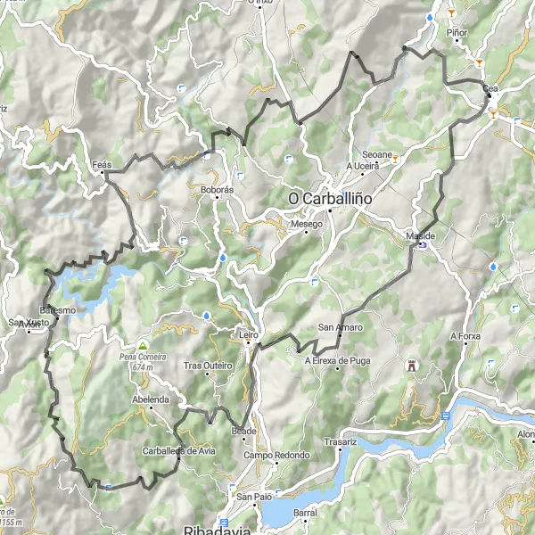 Map miniature of "Ribeiro Vineyards Tour" cycling inspiration in Galicia, Spain. Generated by Tarmacs.app cycling route planner