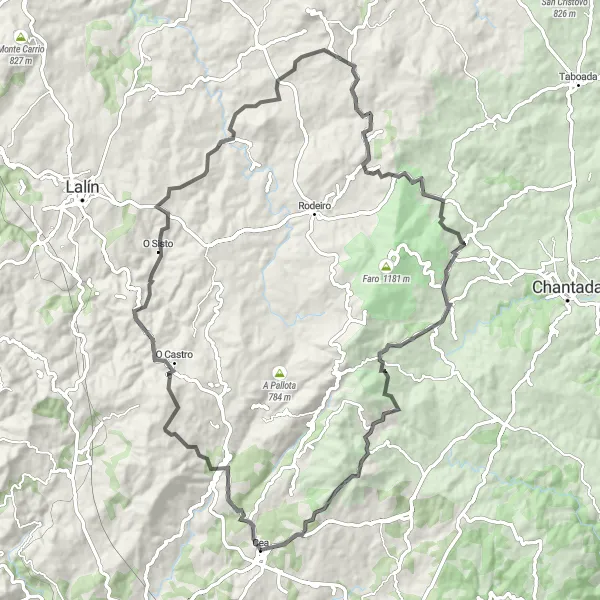 Miniatura della mappa di ispirazione al ciclismo "La sfida di Piñor" nella regione di Galicia, Spain. Generata da Tarmacs.app, pianificatore di rotte ciclistiche