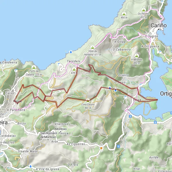 Miniature de la carte de l'inspiration cycliste "Les falaises et les plages sauvages de Cedeira" dans la Galicia, Spain. Générée par le planificateur d'itinéraire cycliste Tarmacs.app