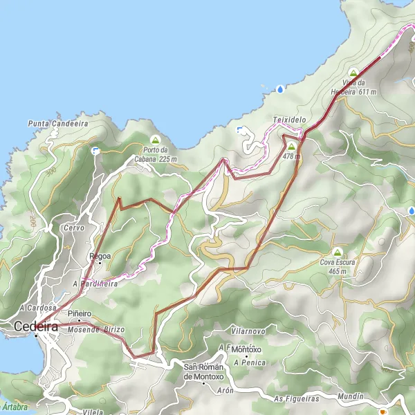 Miniatura mapy "Trasa rowerowa po grawitacyjnych drogach wokół Santo André de Teixido" - trasy rowerowej w Galicia, Spain. Wygenerowane przez planer tras rowerowych Tarmacs.app