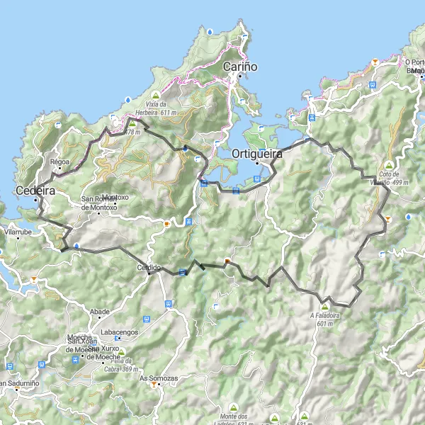 Miniatua del mapa de inspiración ciclista "Ruta en Bicicleta por Carretera desde Cedeira" en Galicia, Spain. Generado por Tarmacs.app planificador de rutas ciclistas