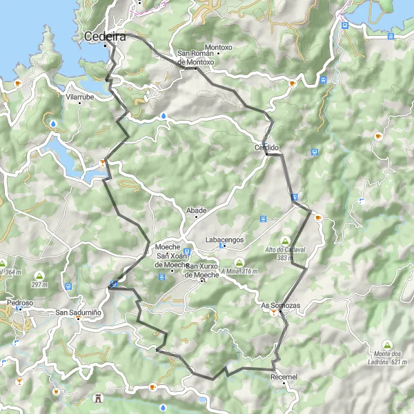 Miniatua del mapa de inspiración ciclista "Ruta en Bicicleta por Carretera desde Cedeira" en Galicia, Spain. Generado por Tarmacs.app planificador de rutas ciclistas