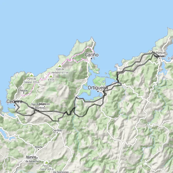 Miniatura mapy "Trasa rowerowa Cedeira - San Román de Montoxo - O Escolleito - Mañón - O Nogueirido - A Laboreña" - trasy rowerowej w Galicia, Spain. Wygenerowane przez planer tras rowerowych Tarmacs.app