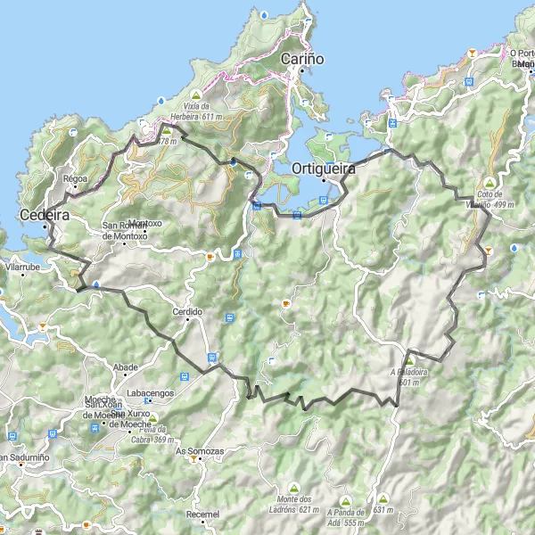 Map miniature of "Cedeira to A Lomba Loop" cycling inspiration in Galicia, Spain. Generated by Tarmacs.app cycling route planner