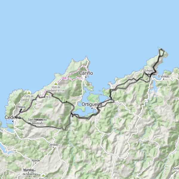 Miniatua del mapa de inspiración ciclista "Ruta en bici de carretera desde Cedeira" en Galicia, Spain. Generado por Tarmacs.app planificador de rutas ciclistas