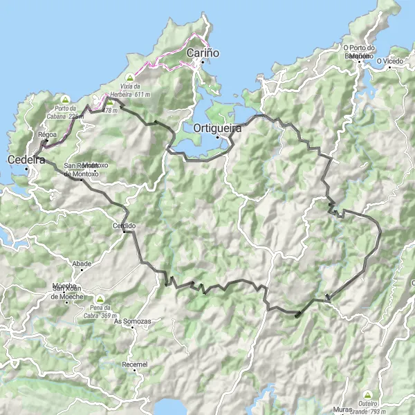 Miniaturní mapa "Régoa - Cedeira Route" inspirace pro cyklisty v oblasti Galicia, Spain. Vytvořeno pomocí plánovače tras Tarmacs.app
