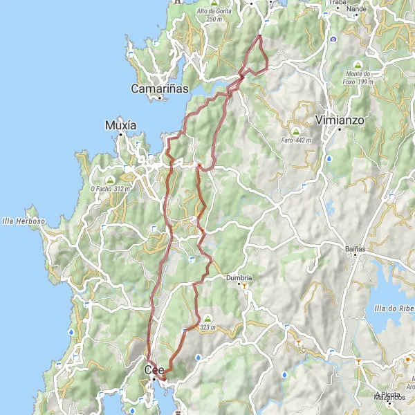 Miniatura della mappa di ispirazione al ciclismo "Giro ciclistico Adrenalinico a Cee e dintorni" nella regione di Galicia, Spain. Generata da Tarmacs.app, pianificatore di rotte ciclistiche