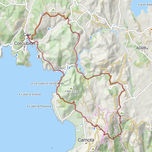 Miniaturní mapa "Gravelová kruhová cyklistická trasa od Cee" inspirace pro cyklisty v oblasti Galicia, Spain. Vytvořeno pomocí plánovače tras Tarmacs.app