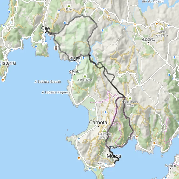 Map miniature of "Rías Baixas: Cee to Ézaro Waterfall" cycling inspiration in Galicia, Spain. Generated by Tarmacs.app cycling route planner