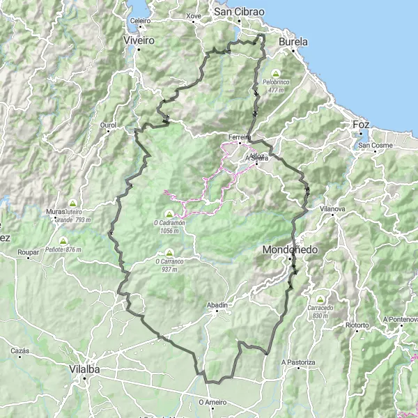 Miniaturekort af cykelinspirationen "Landskabelig landevejsrute i Cervo-regionen" i Galicia, Spain. Genereret af Tarmacs.app cykelruteplanlægger
